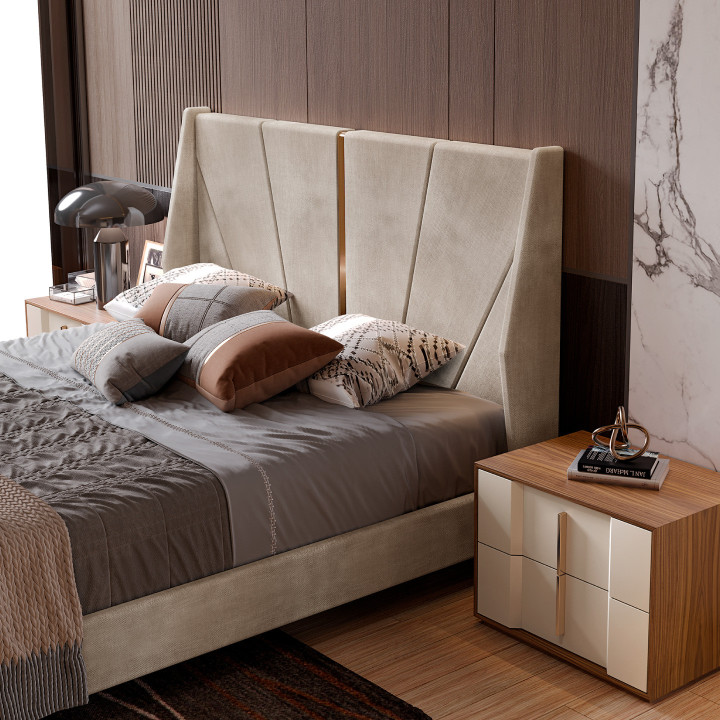 Cama estofada beje com faixa dourada
