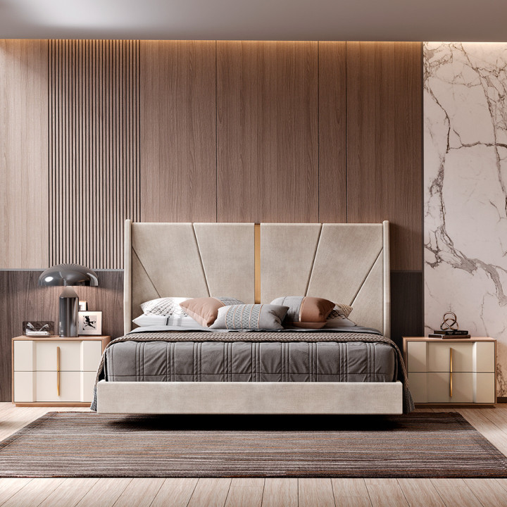 Cama estofada beje com faixa dourada