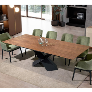 Mesa extensível em nogueira com pé preto em X