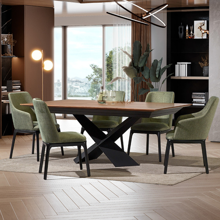 Mesa extensível em nogueira com pé preto em X