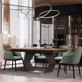 Mesa extensível em nogueira com pé preto hexagonal