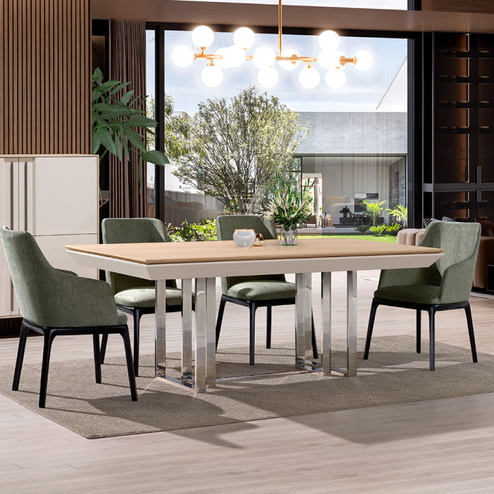 Mesa extensível em carvalho com pé em inox polido