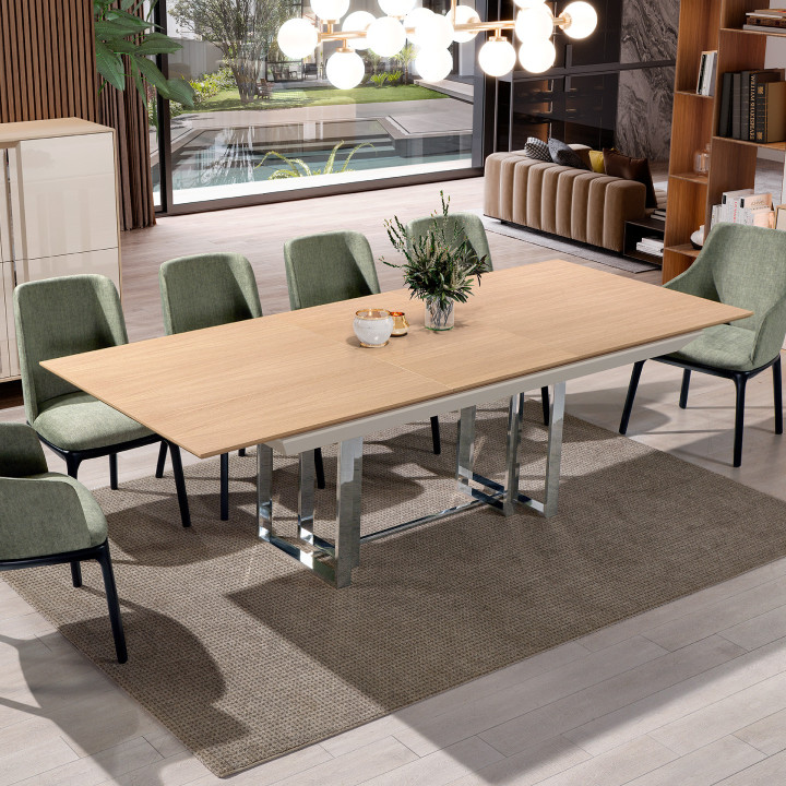 Mesa extensível em carvalho com pé em inox polido