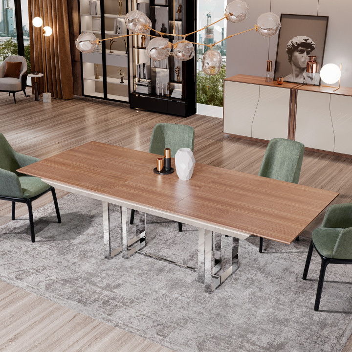 Mesa extensível em nogueira com pé em inox polido