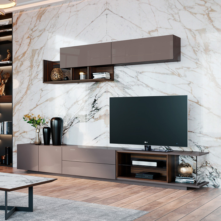 Base tv lacada 6005 com nicho em eucalipto fumé