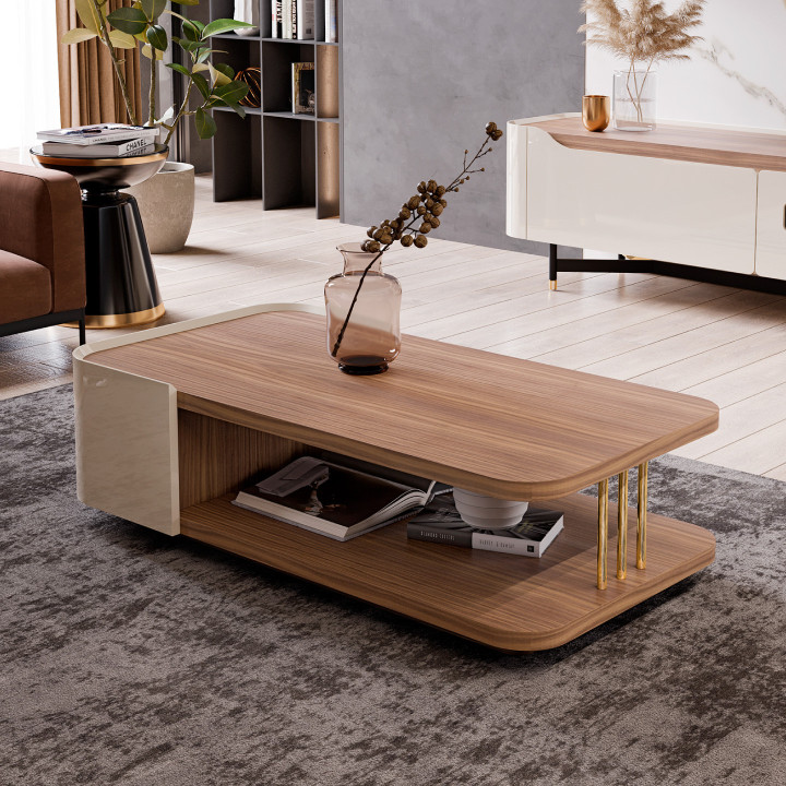 Mesa de centro lacada com tampo em nogueira